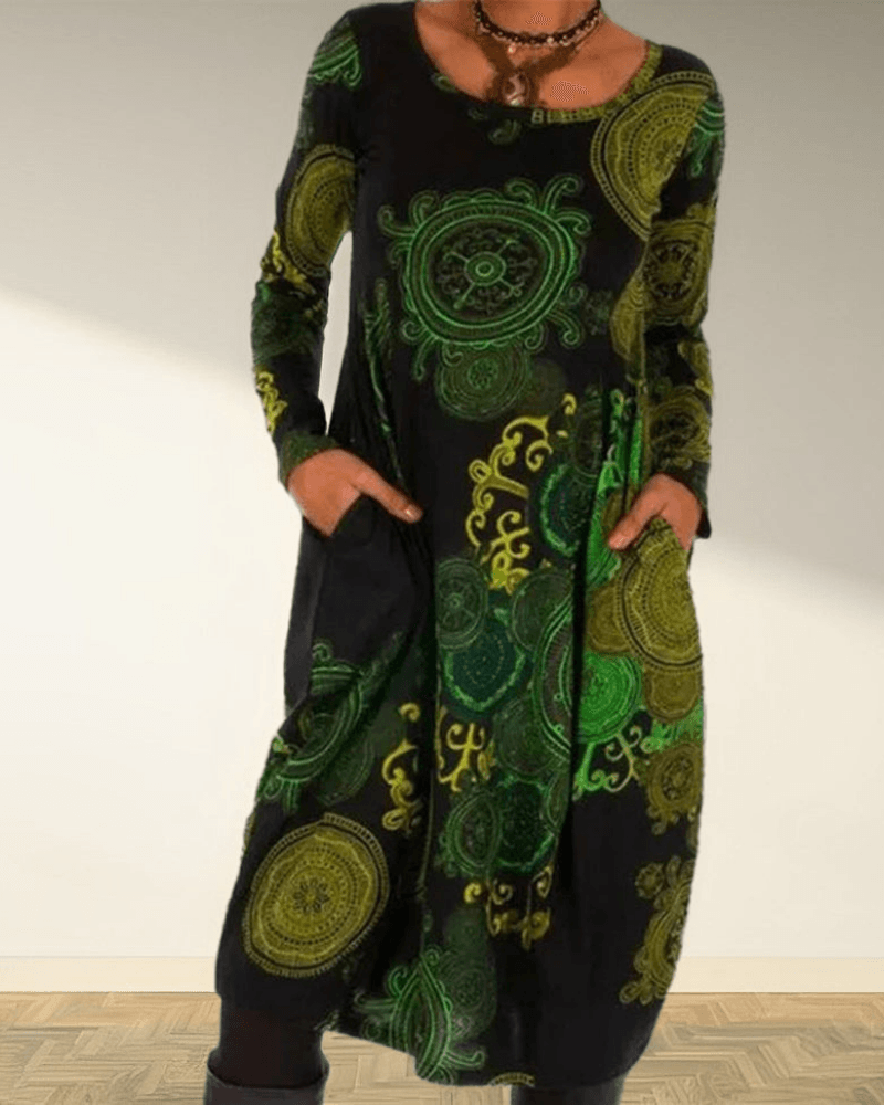 Women's Maxi Dress - Long Sleeve - Bohemian Print - Round Neck - Flowy Casual Fit