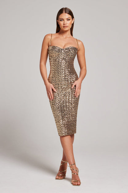 Women’s Midi Dress – Sequin Fabric – Slim Fit – Sweetheart Neck – Spaghetti Straps