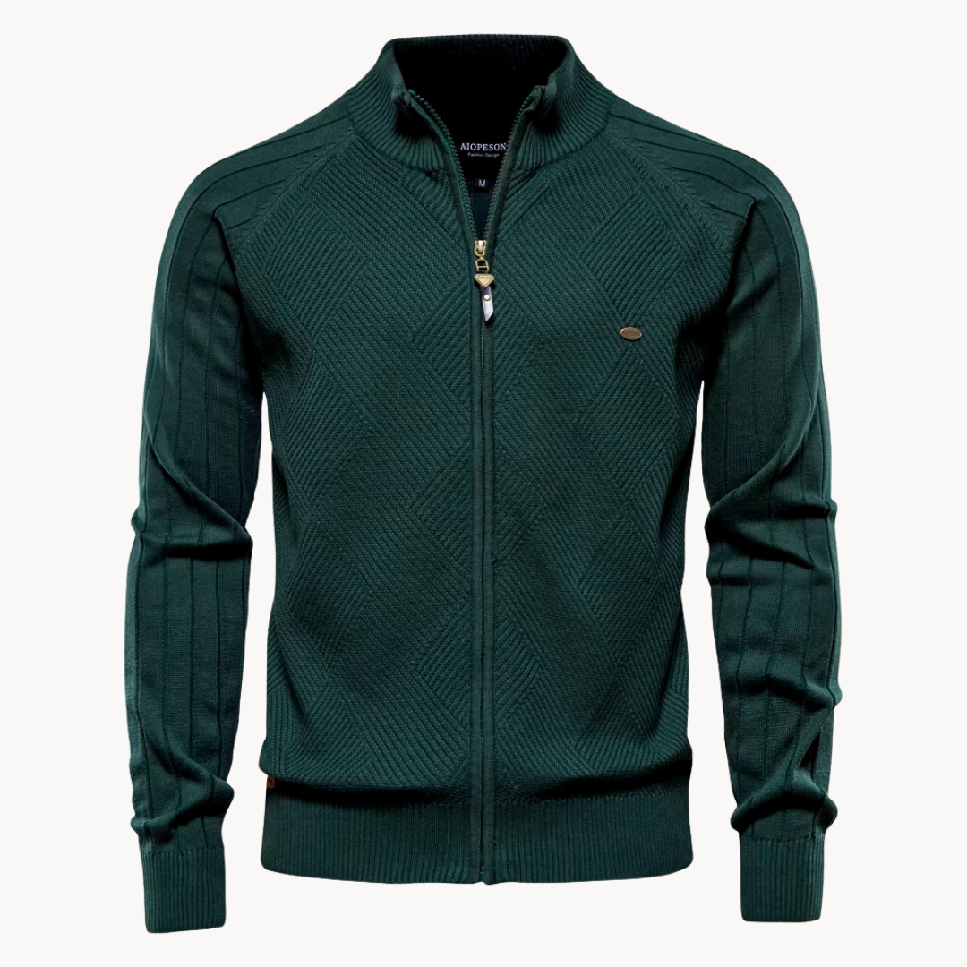 Men’s Jacket – Slim Fit – Knitted Wool Blend – Zip-Up – Ribbed Trim – Herringbone Pattern