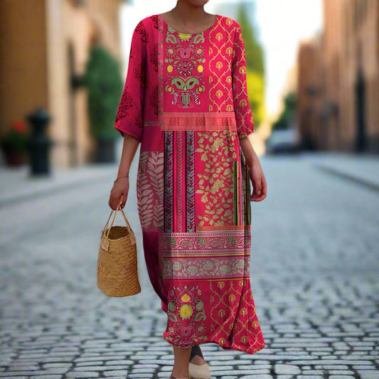 Women’s Kaftan Dress – Relaxed Fit – Natural Fibers – Boho Print – Ankle Length