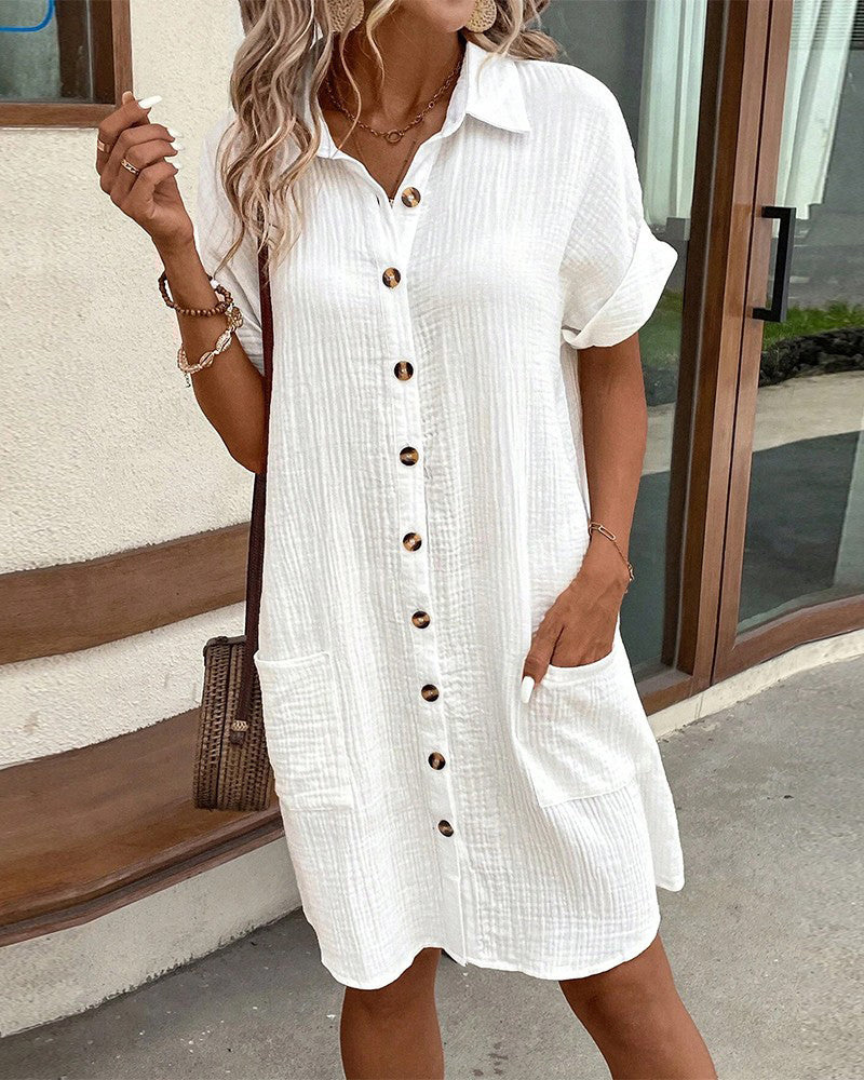 Women's Shirt Dress - Button-Up - Relaxed Fit - Knee-Length - Short Sleeve Cotton Blend