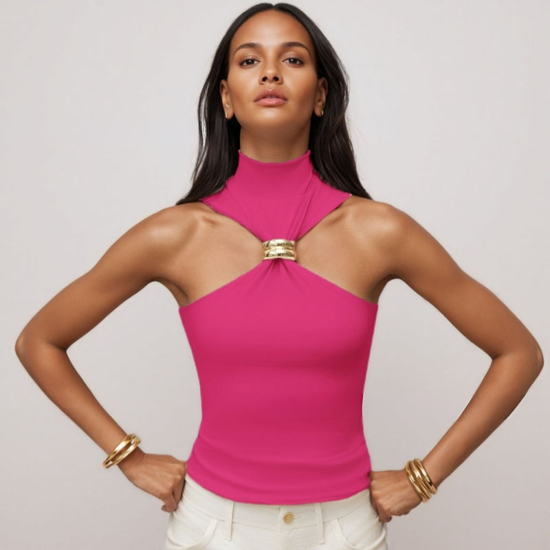 Women’s Tank Top – Slim Fit Halter – Mock Neck Soft Knit with Metal Ring Detail