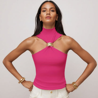 Women’s Tank Top – Slim Fit Halter – Mock Neck Soft Knit with Metal Ring Detail