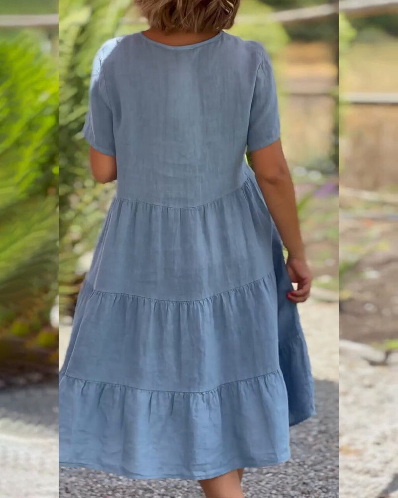 Women's Midi Dress - V-Neck - Short Sleeve - Loose Fit Tiered Design