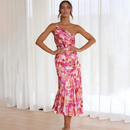 Women's One-Shoulder Dress - Satin-Like Fabric - Midi Length - Elegant A-Line Fit