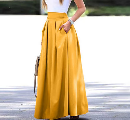 Women’s Maxi Skirt – High Waist – Pleated Full Fit – Breathable Blend – With Pockets