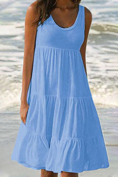Stylish Sweet Solid Patchwork Tiered Cake Skirt Dresses with Round Neck