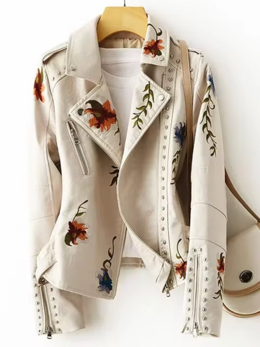 Women’s Leather Jacket – Tailored Biker Fit – Embroidered Floral – Studded Zip Detail