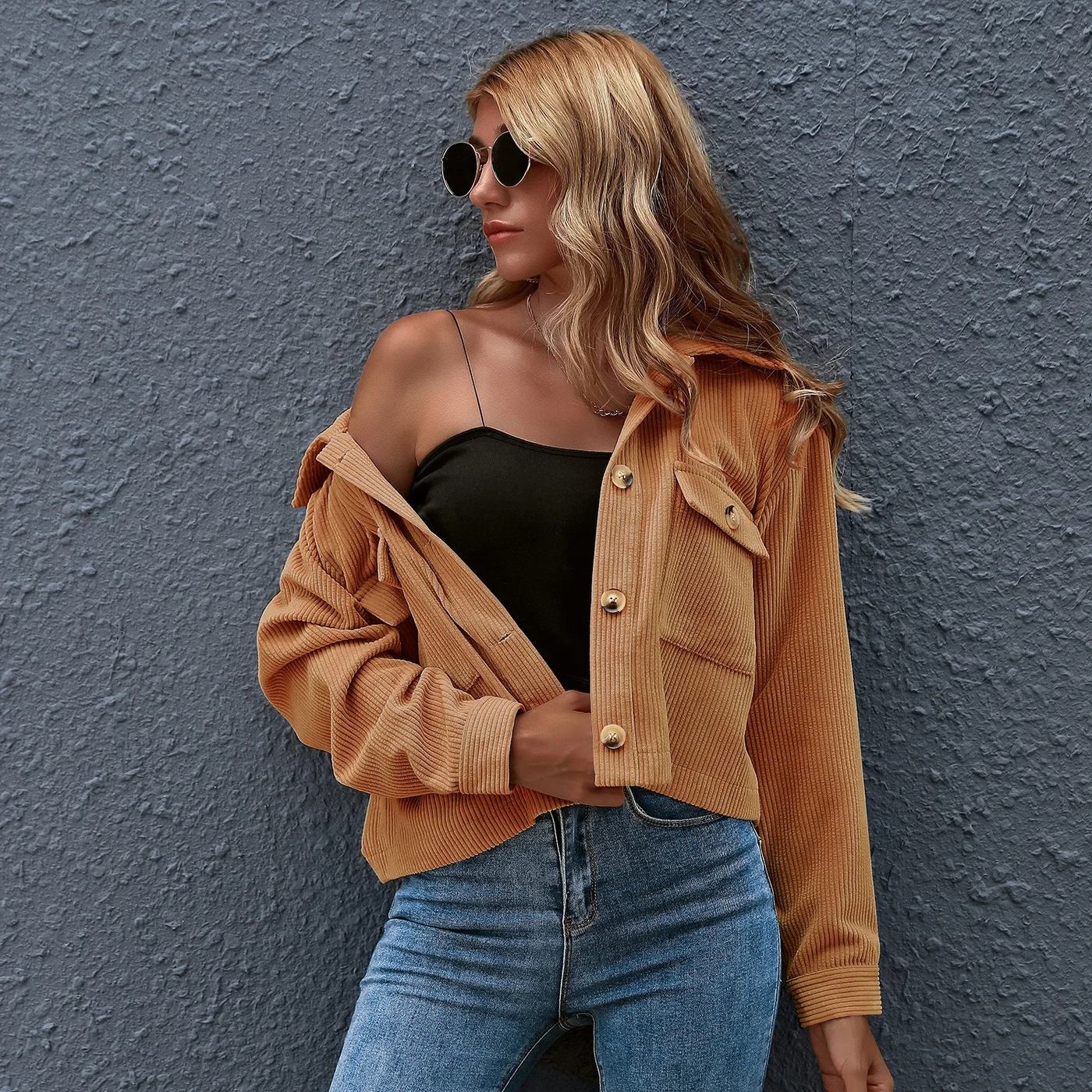 Women's Corduroy Jacket - Cropped Relaxed Fit - Button-Up Shirt Collar - Long Sleeve