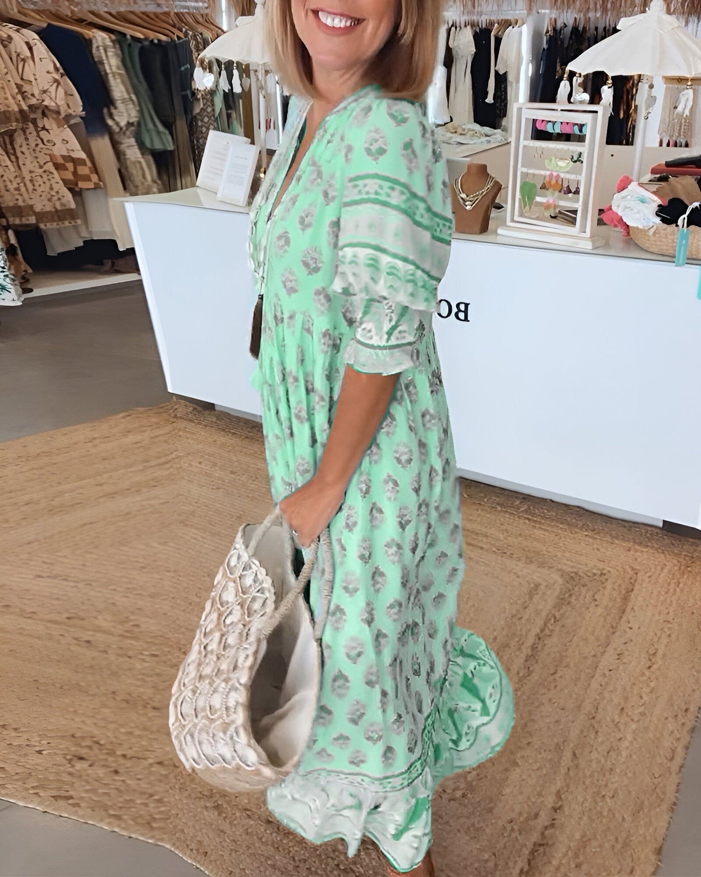 Women’s Maxi Dress – Boho Floral Print – V-Neck – Relaxed Fit – Natural Fibers