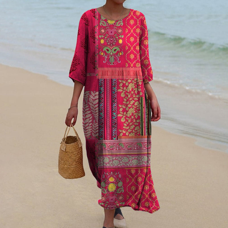Women’s Kaftan Dress – Relaxed Fit – Natural Fibers – Boho Print – Ankle Length