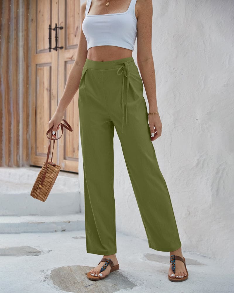Women's Wide-Leg Trousers - High Waist - Tie-Up Waistband - Lightweight & Flattering