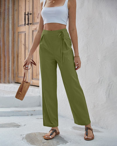 Women's Wide-Leg Trousers - High Waist - Tie-Up Waistband - Lightweight & Flattering