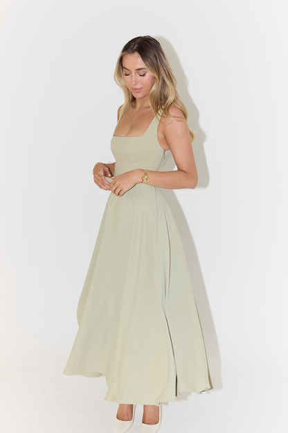 Women’s Midi Dress – Satin Finish – Fitted Bodice – Sleeveless – Square Neckline