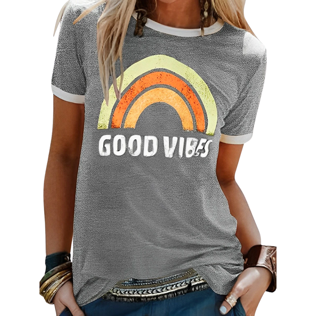 Women’s T-shirt – Relaxed Fit – Soft Knit – Ribbed Trim – Graphic Front Casual Wear
