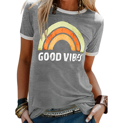 Women’s T-shirt – Relaxed Fit – Soft Knit – Ribbed Trim – Graphic Front Casual Wear