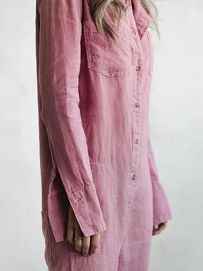 Women's Jumpsuit - Button Down - Long Sleeve Roll Tab - Relaxed Fit - Straight Leg