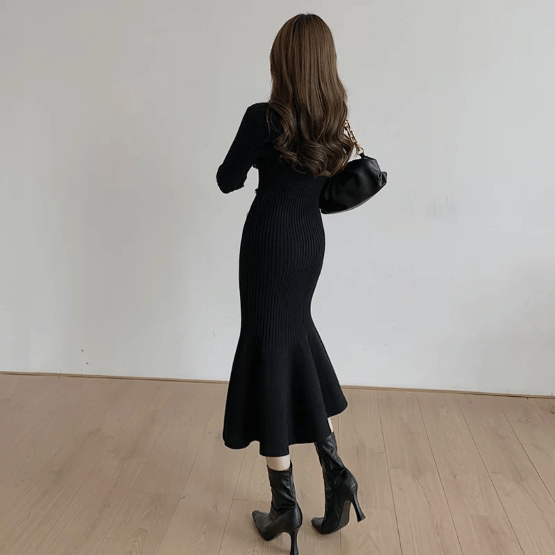 Women's Knit Midi Dress - Ribbed Texture - Long Sleeve - Button Detail - Mermaid Hem