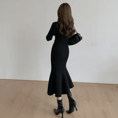 Women's Knit Midi Dress - Ribbed Texture - Long Sleeve - Button Detail - Mermaid Hem