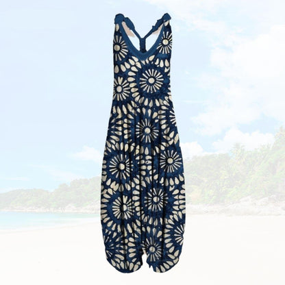 Women’s Jumpsuit – Relaxed Fit – Sleeveless – Printed Pattern – Full Length Breathable Blend