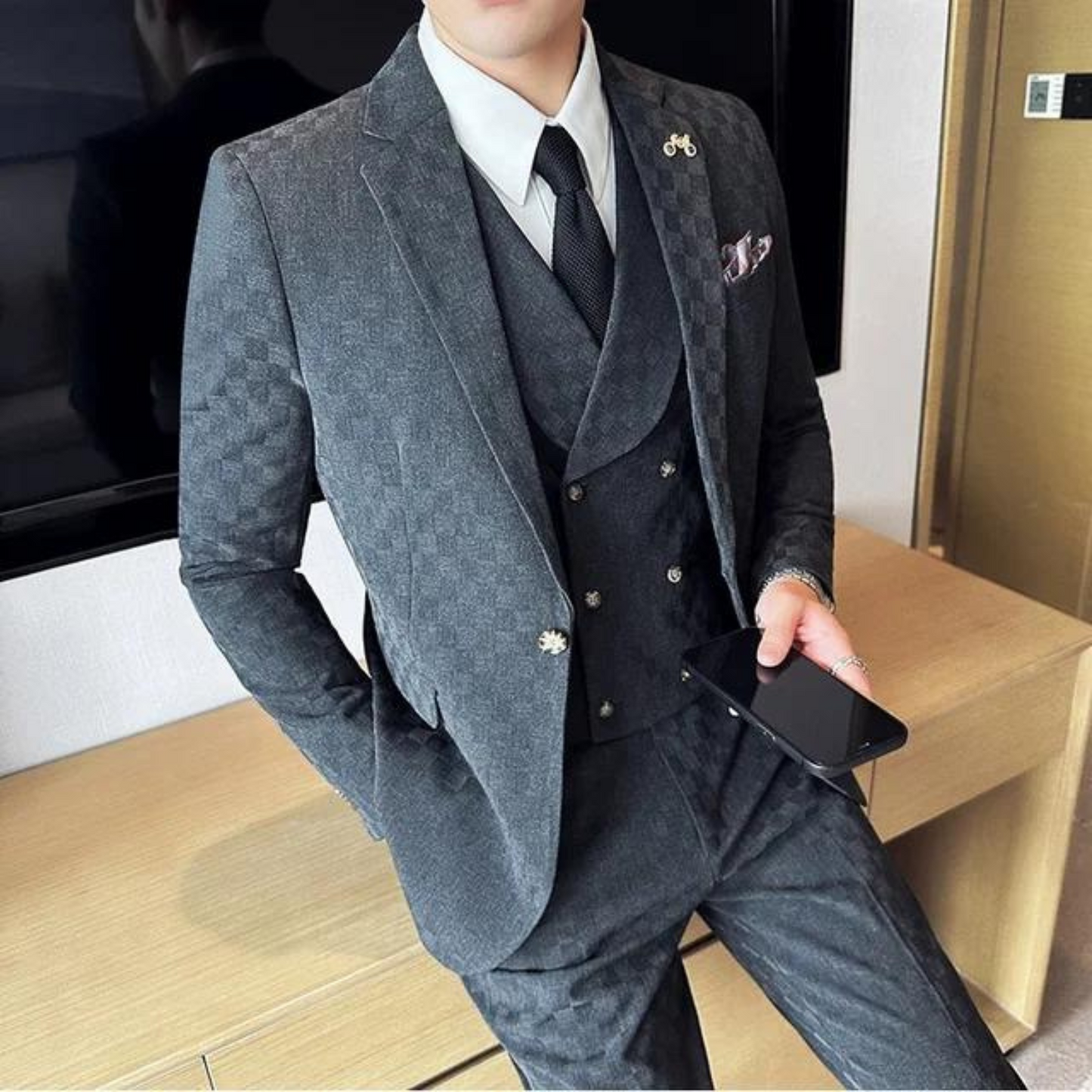 Men's Business Three-Piece Suit with Check Pattern