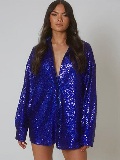 Women’s Oversized Shirt – Glitter Finish – Long Sleeve – Button-Down Collar