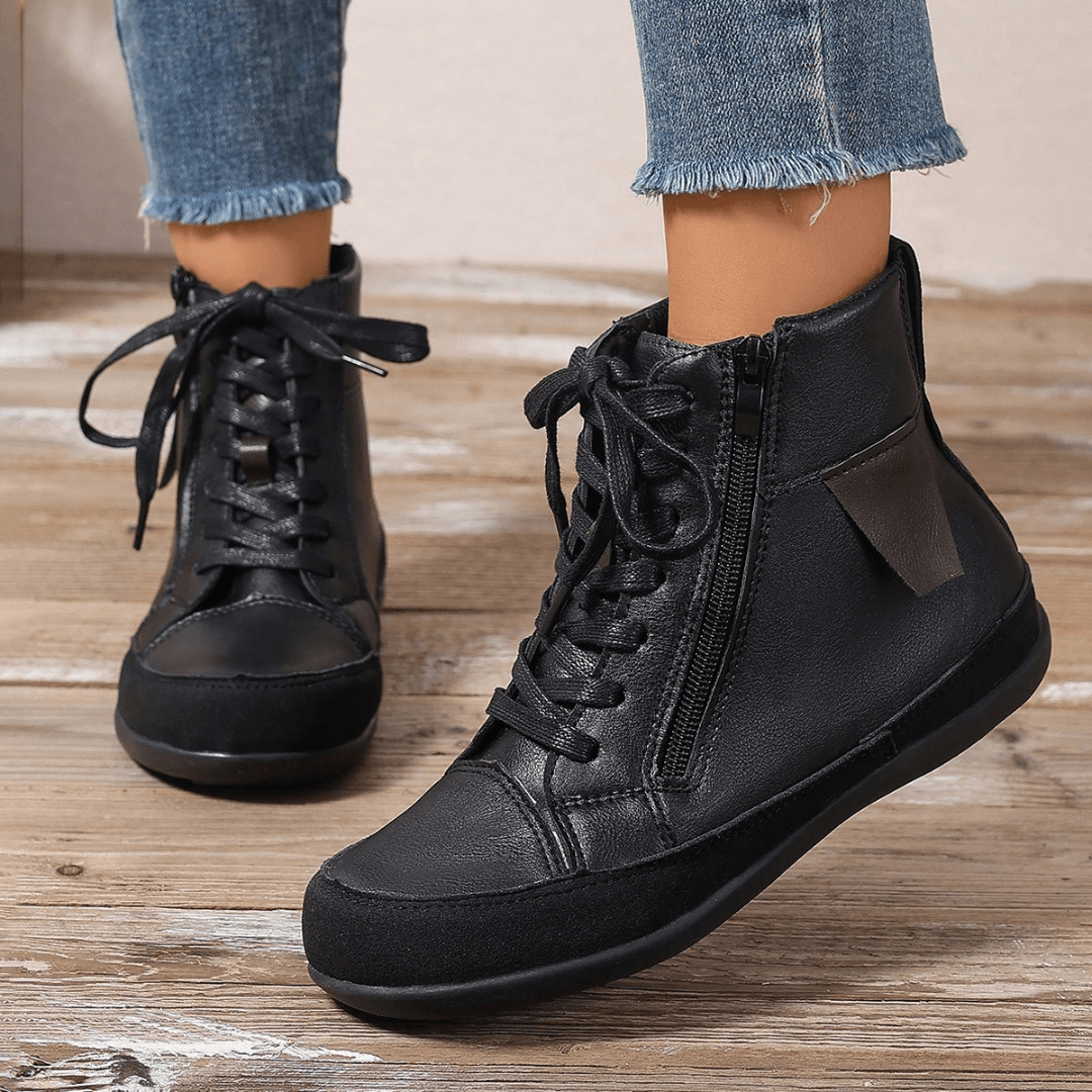 Women's Leather Ankle Boots with Side Zipper and Round Toe