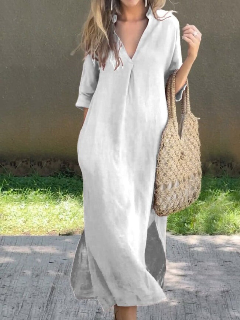 Women’s Maxi Dress – Relaxed Fit – V-Neck – Breathable Blend – Three-Quarter Sleeve
