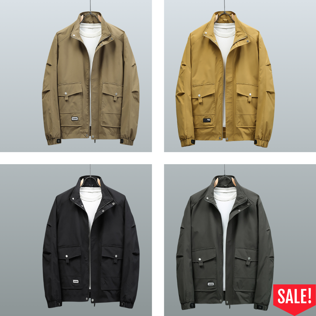 Men’s Casual Jacket - Stand-Up Collar - Full Zip & Button Closure - Adjustable Cuffs