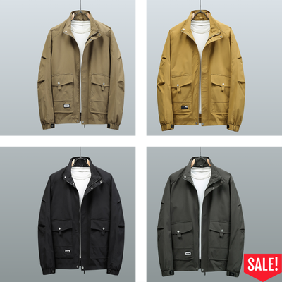 Men’s Casual Jacket - Stand-Up Collar - Full Zip & Button Closure - Adjustable Cuffs