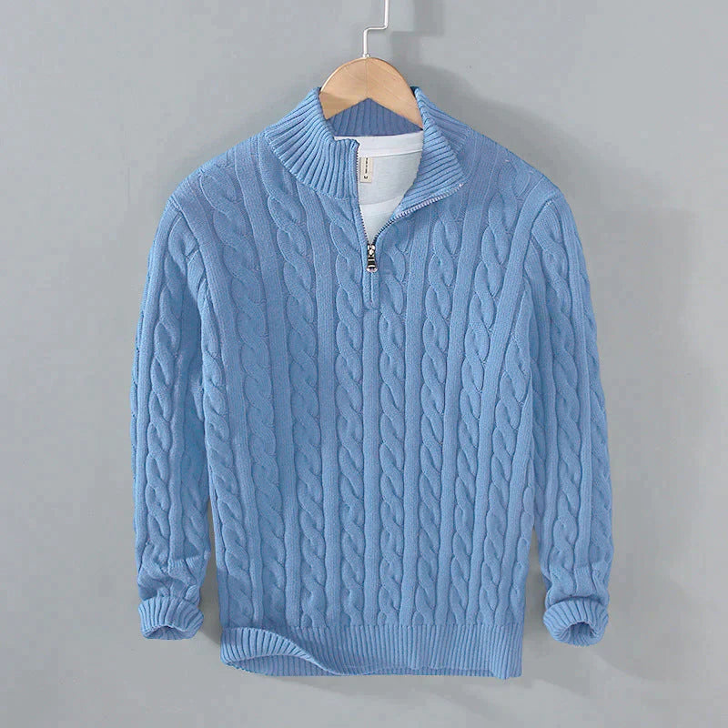 Men's henley sweater with cable pattern and zipper