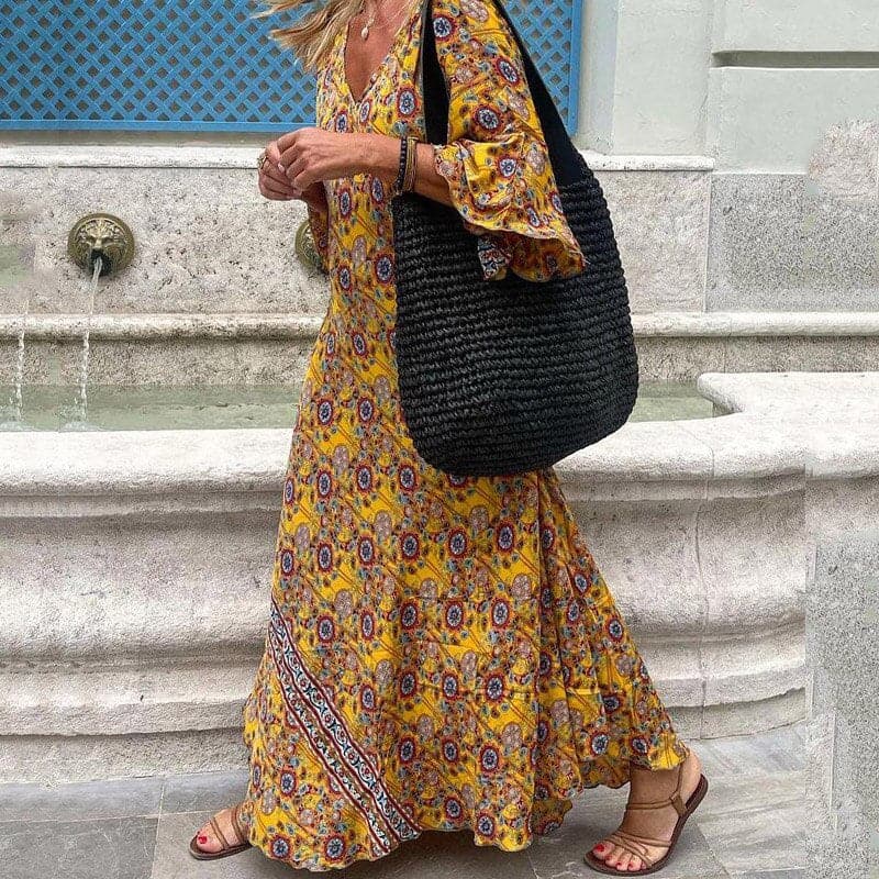 Women’s Maxi Dress – Loose Fit – V-Neck – Long Sleeve – Side Slits – Bold Print