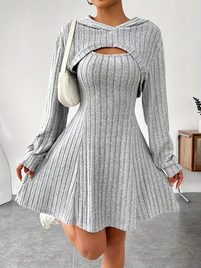 Ribbed knit flare dress with hooded detail for women