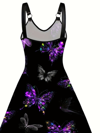 Sleeveless Butterfly Print V-Neck Dress with Ring Detail for Women