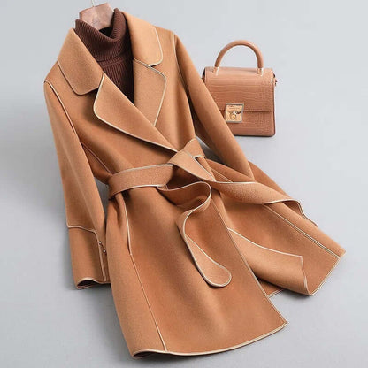 Women’s Wool Coat – Tailored Fit – Wrap Style Belted – Notched Lapel – Full Length