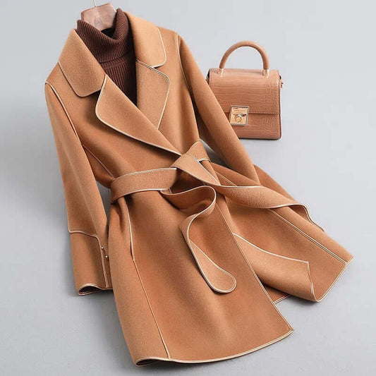 Women’s Wool Coat – Tailored Fit – Wrap Style Belted – Notched Lapel – Full Length