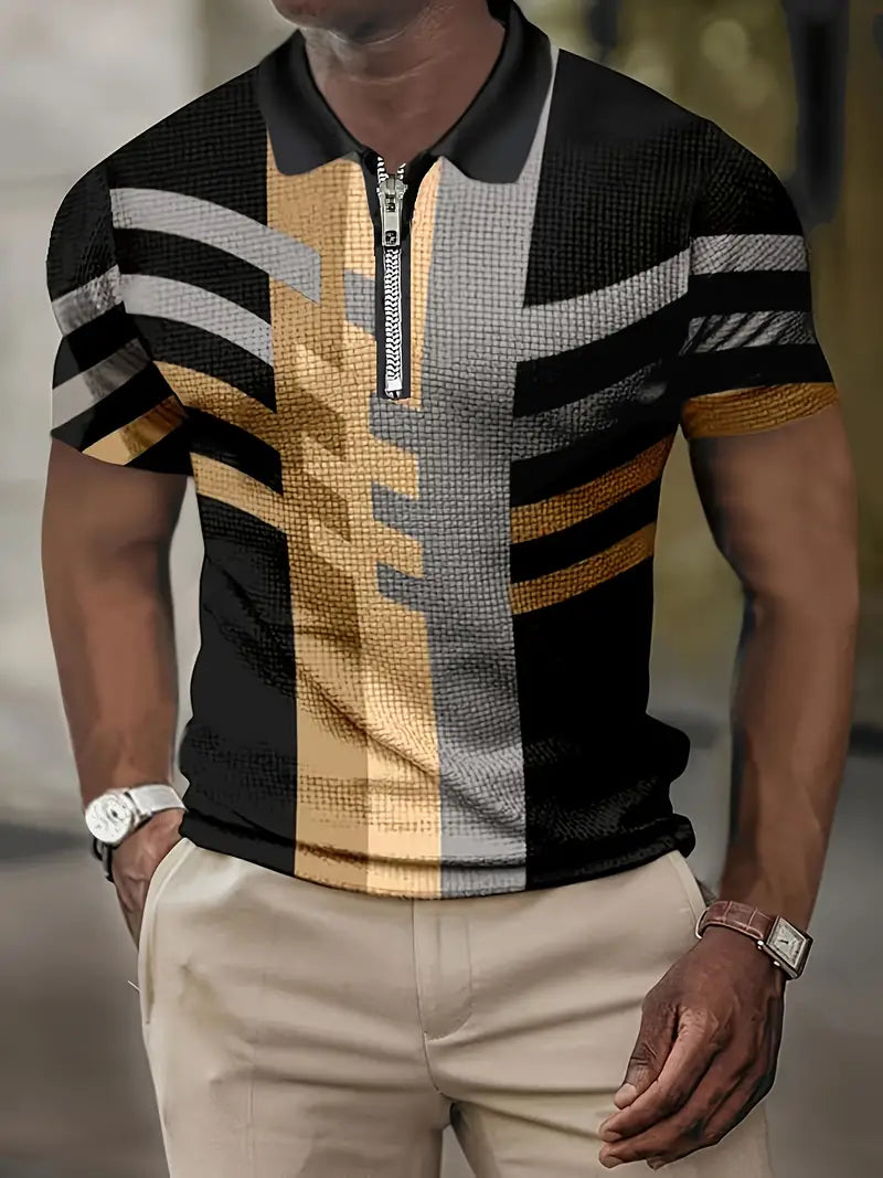 Men’s Polo Shirt - Slim Fit - Half-Zip Closure - Geometric Pattern - Breathable Fabric