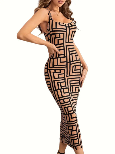 Women's Bodycon Midi Dress - Square Neck - Sleeveless - Geometric Pattern - Fitted Silhouette