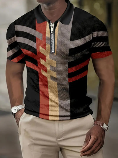 Men’s Polo Shirt - Slim Fit - Half-Zip Closure - Geometric Pattern - Breathable Fabric