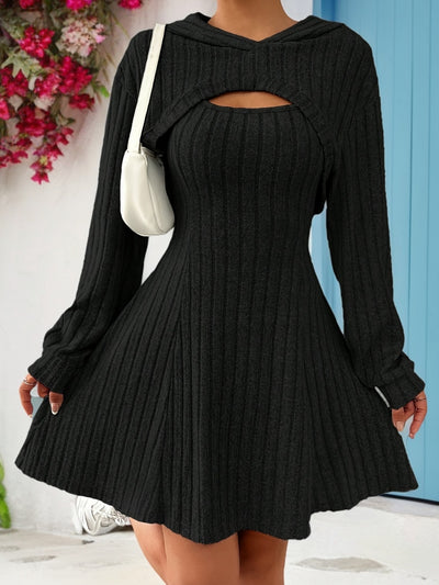 Ribbed knit flare dress with hooded detail for women