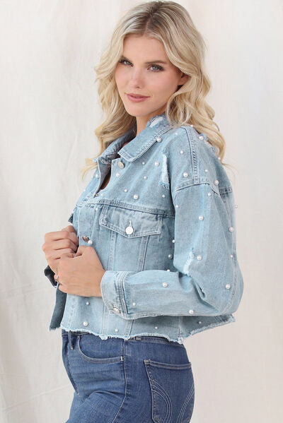 Women's denim jacket with raw hem and pearl trim