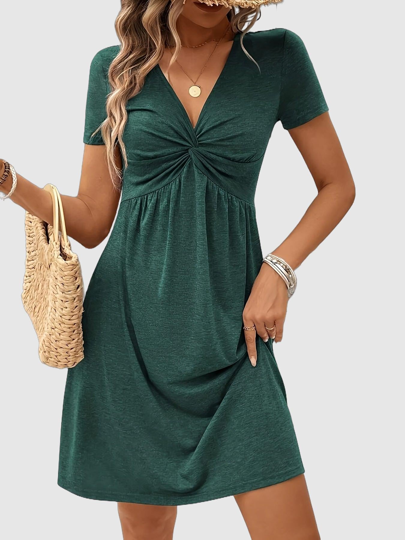 Knot-front v-neck short-sleeve dress for women