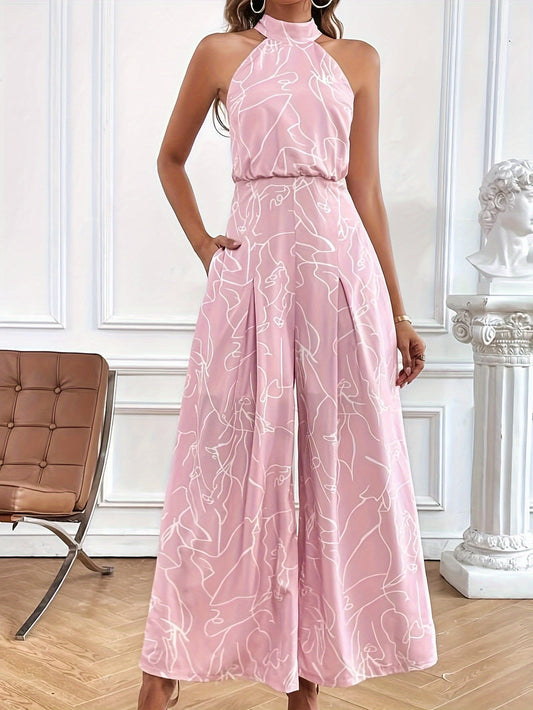 Abstract Print Halter-Neck Maxi Dress in Lightweight Fabric