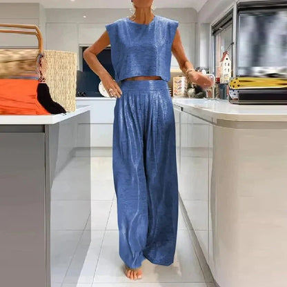 Women’s Two-Piece Set – Sleeveless Crop Top – High-Waist Wide-Leg Trousers – Silk Feel