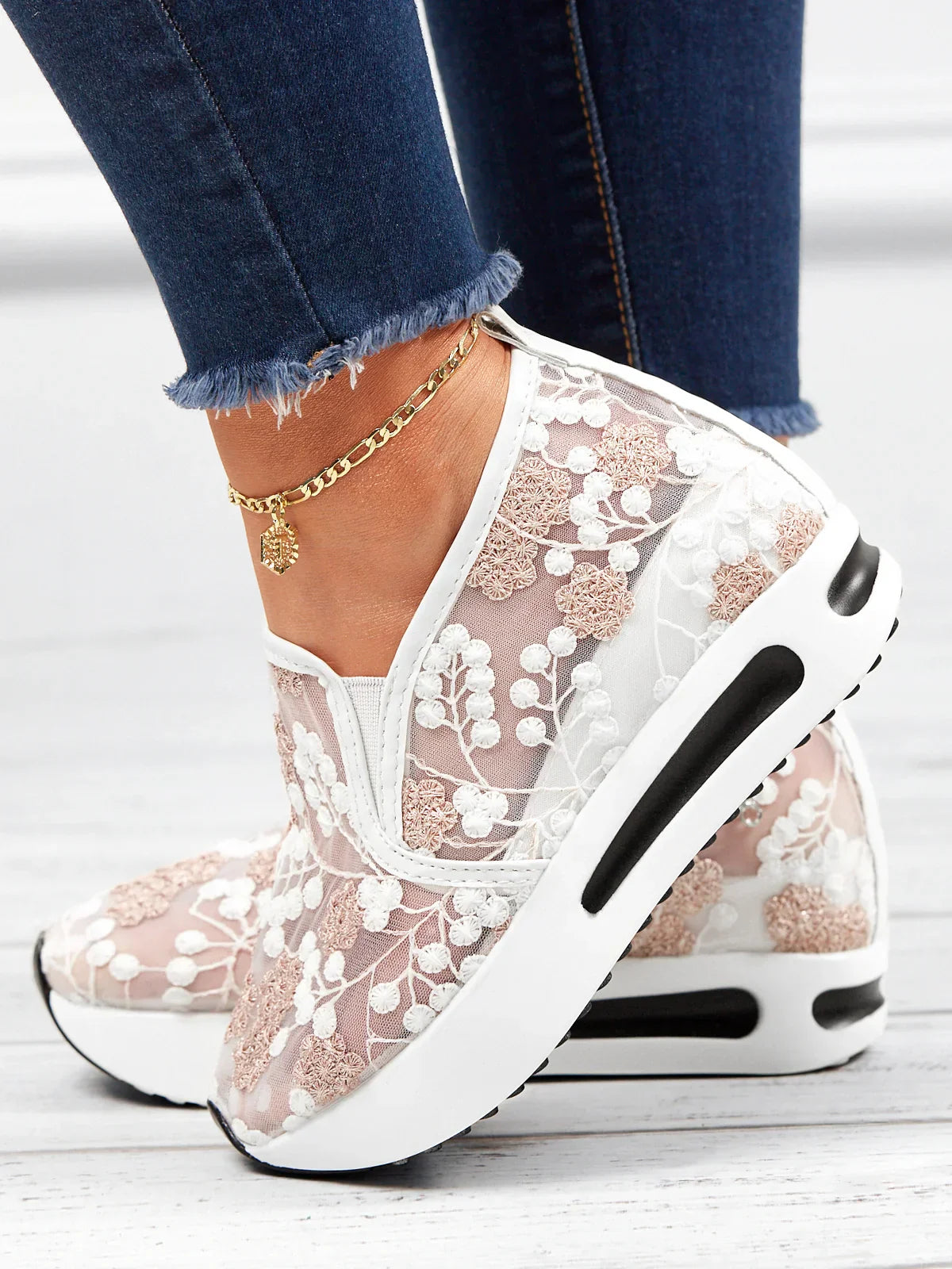 Women's Slip-On Sneakers - Sheer Mesh - Floral Embroidery - Platform Sole