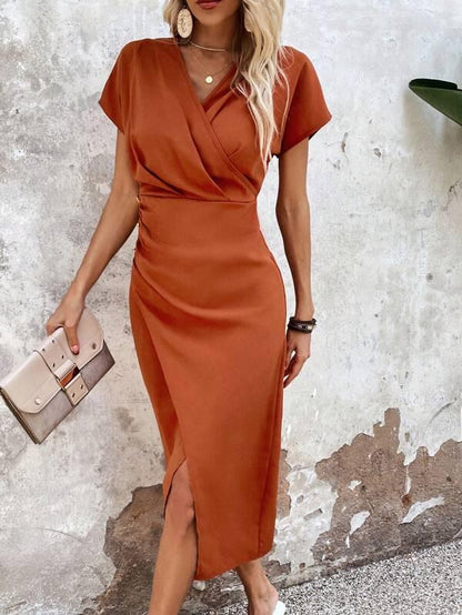 Women's Wrap Dress - V-Neck - Short Sleeve - Fitted Waist - Elegant Midi Length