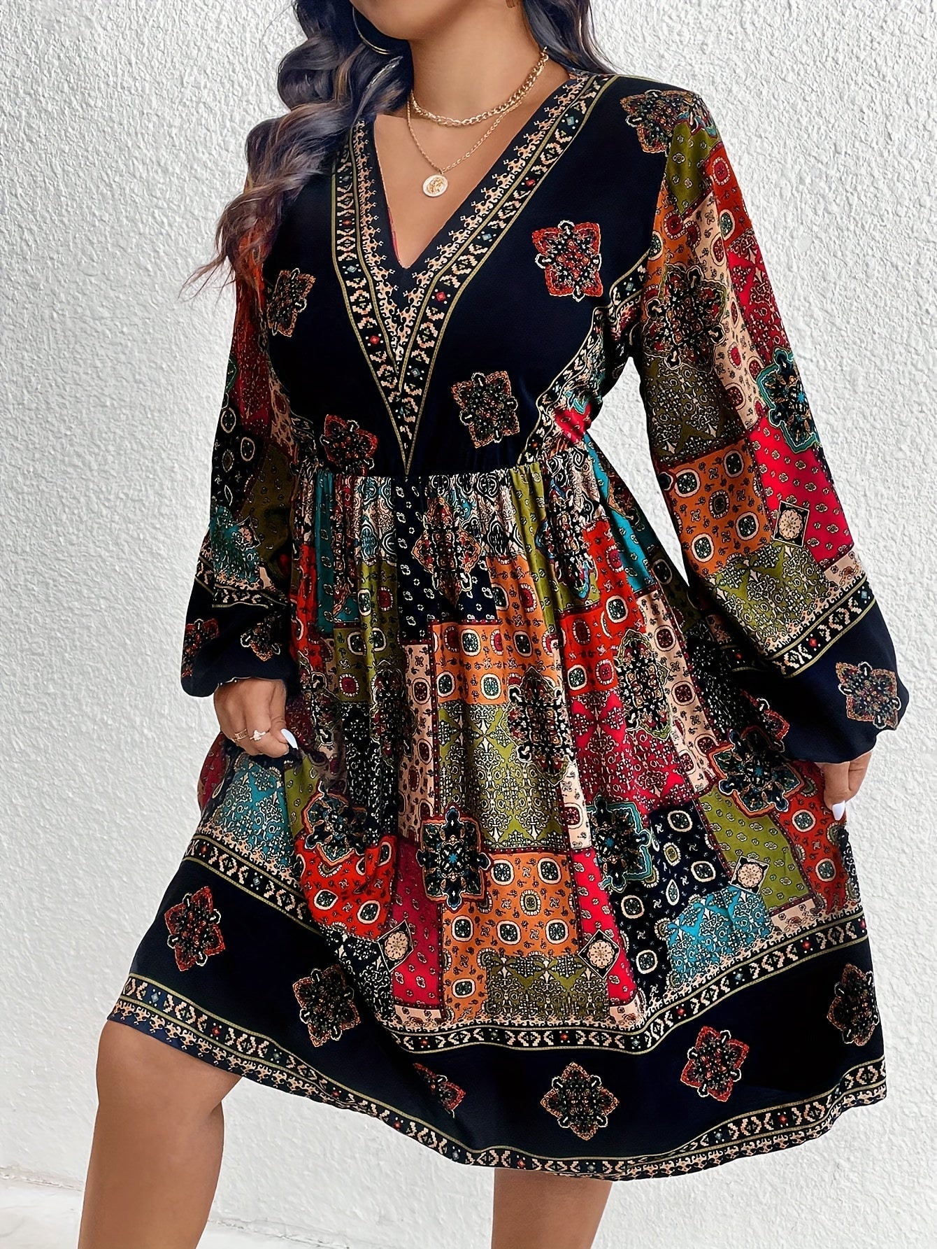 Women's Bohemian Midi Dress - V-Neck Paisley Patchwork - Long Sleeve Flowy Fit