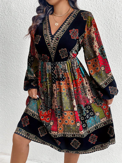 Women's Bohemian Midi Dress - V-Neck Paisley Patchwork - Long Sleeve Flowy Fit