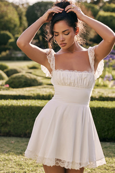 Women's Dress - Square Neck - Lace Trim - Short Sleeve A-Line - Elegant & Flattering