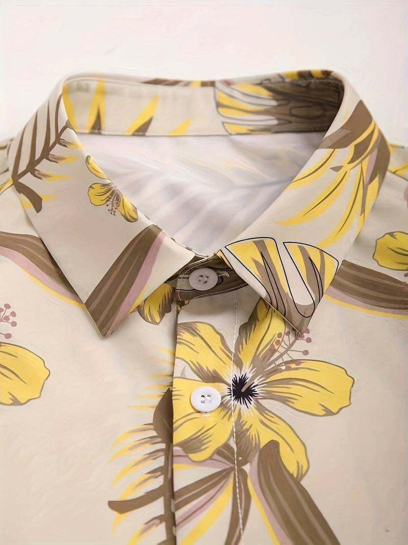 Men’s Short-Sleeve Button-Up Shirt – Tropical Floral Print – Casual Lightweight Wear